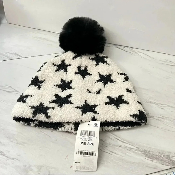 Jenni Pom Pom Beanie Hat White Black Stars Details Soft Cozy - Picture 1 of 4